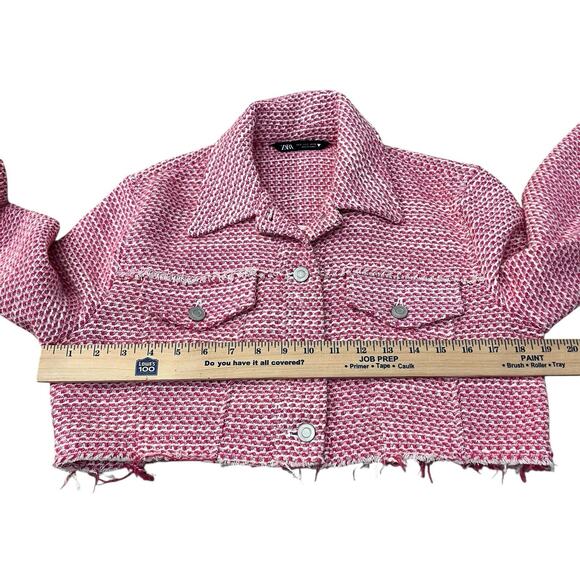 Zara Tweed Cropped Jacket Small Cutoff Frayed Coquette Pink White Preppy Button - Picture 6 of 7